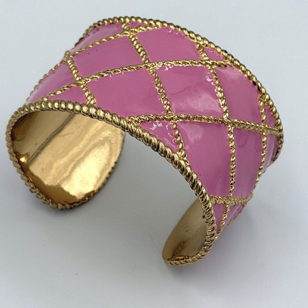 Lilly Pulitzer Pink Enamel Cuff Bracelet Gold Tone Signed Preppy Resortwear